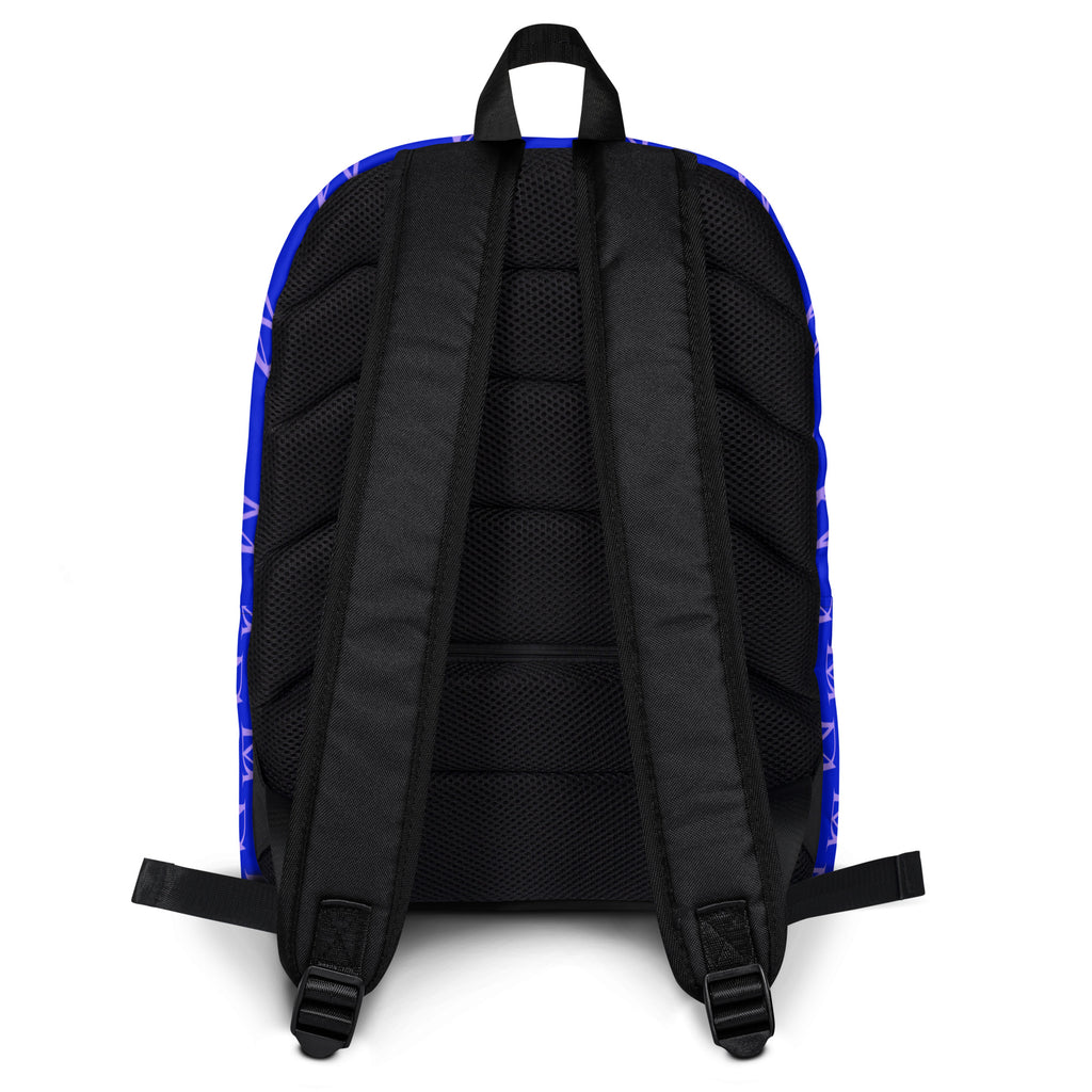 Daemon Luxury Electrica Lilac Relay all-over print backpack with white background and adjustable straps.