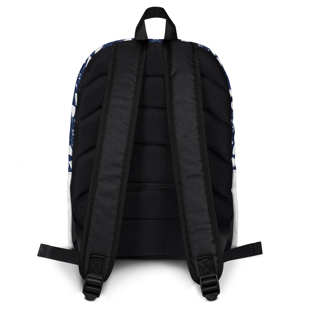 White backpack featuring all-over print of Rings of Transition (Frosted Diamonds) design by Daemon Luxury, with adjustable shoulder straps.
