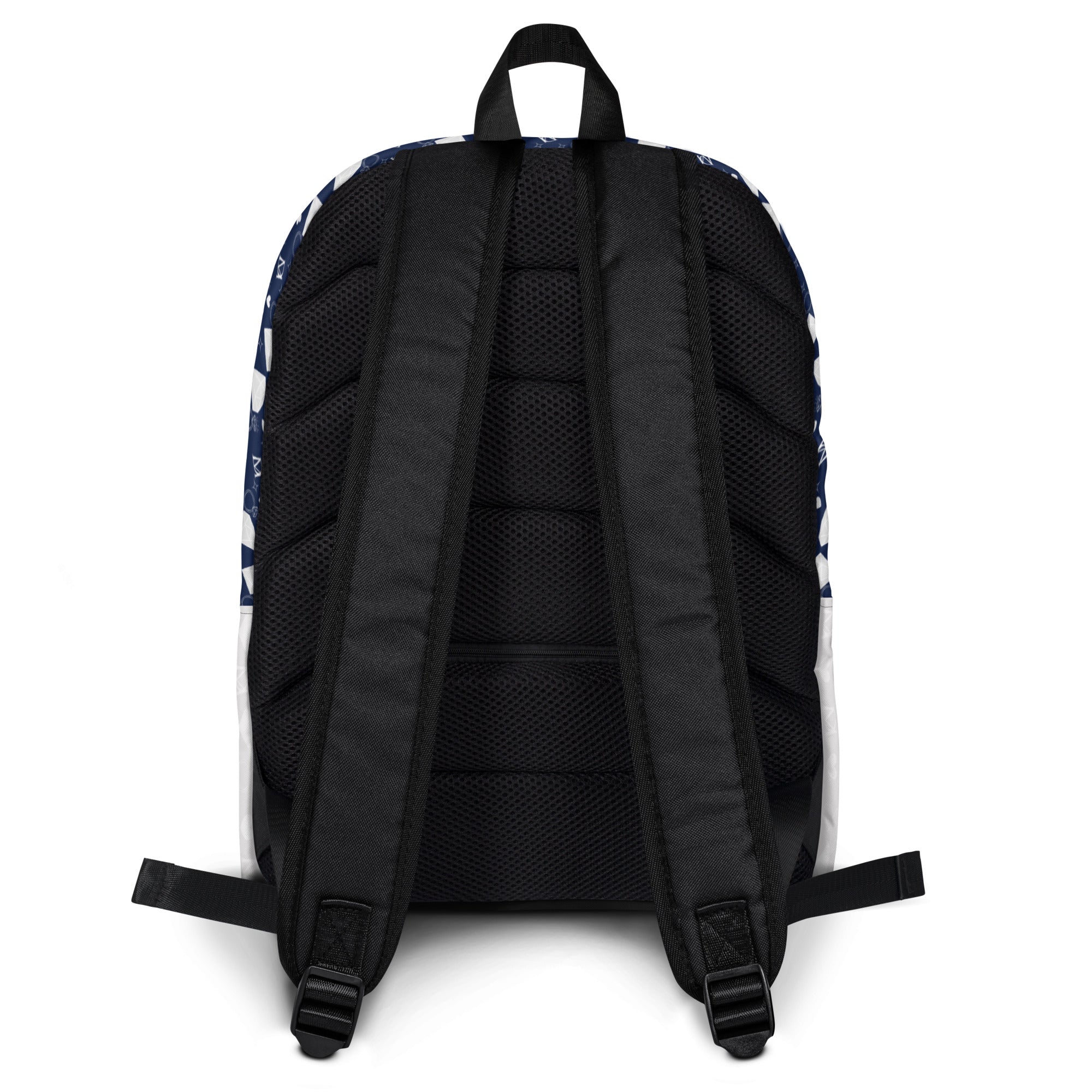 White backpack featuring all-over print of Rings of Transition (Frosted Diamonds) design by Daemon Luxury, with adjustable shoulder straps.