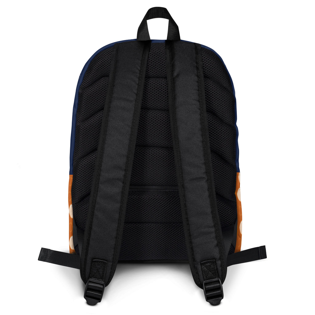 All-over print white backpack featuring Stars of Sesta Gloomy Runners design by Daemon Luxury, with adjustable straps and multiple compartments.