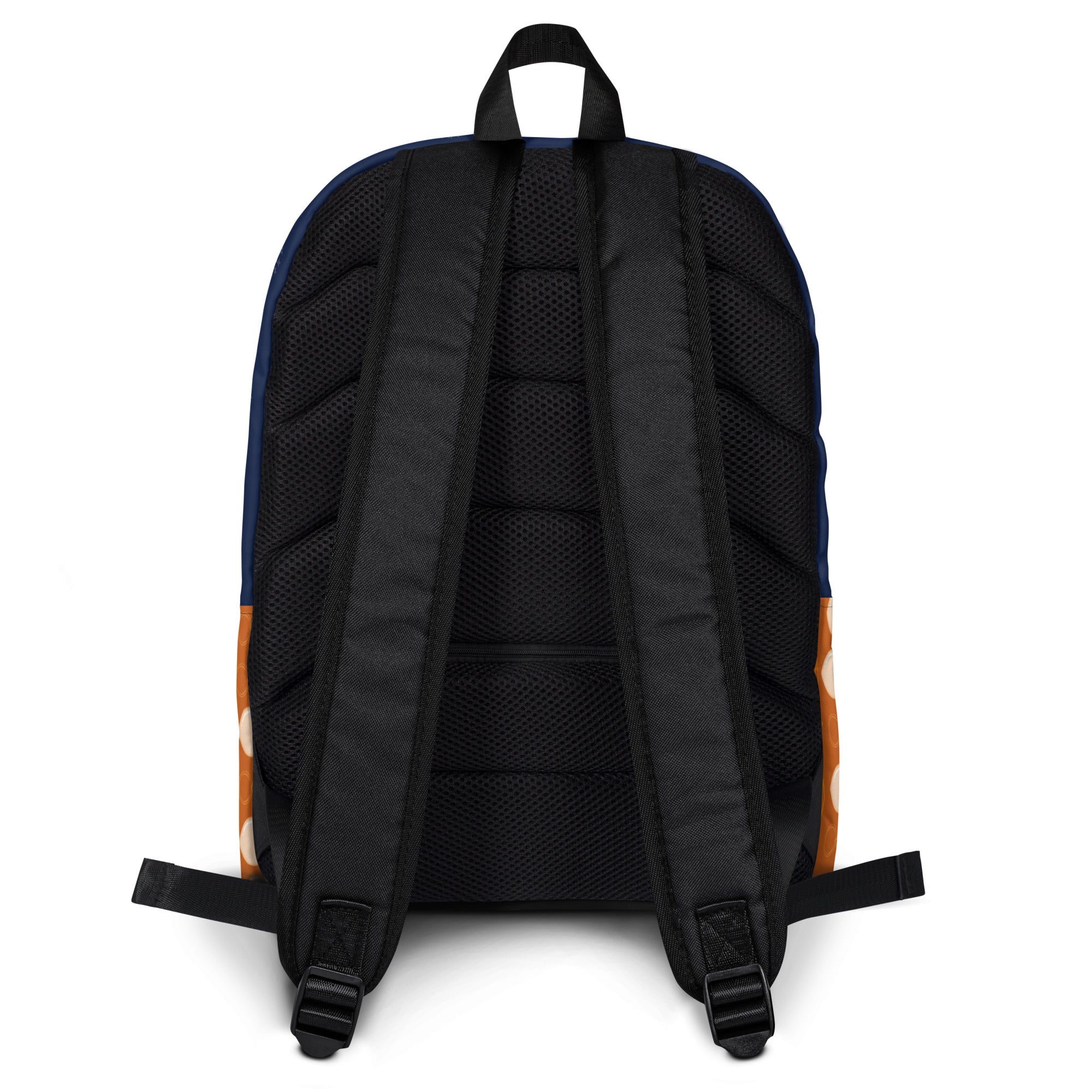 All-over print white backpack featuring Stars of Sesta Gloomy Runners design by Daemon Luxury, with adjustable straps and multiple compartments.