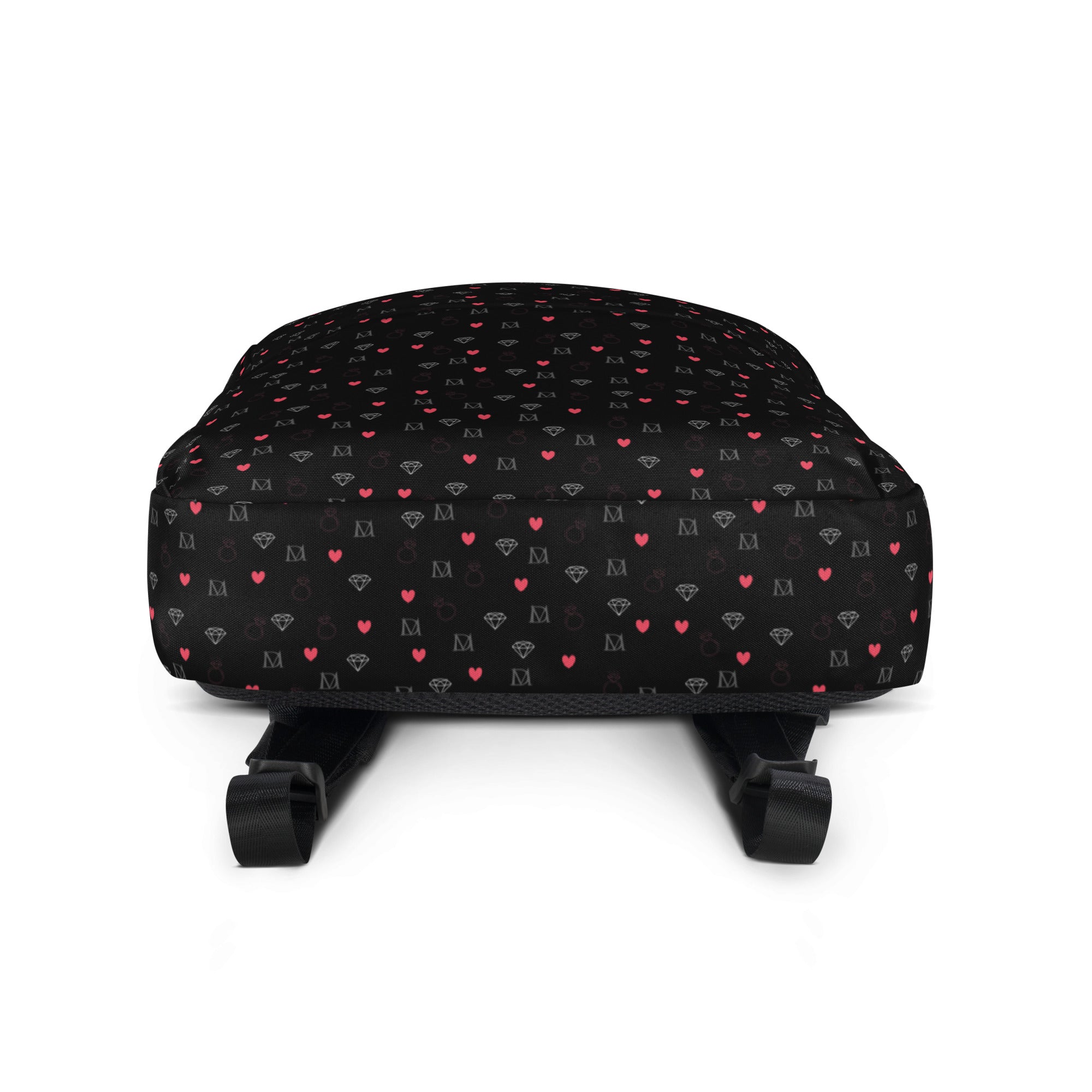 Daemon Luxury Speckled Diamonds NEMESIS backpack with all-over white print and black accents.