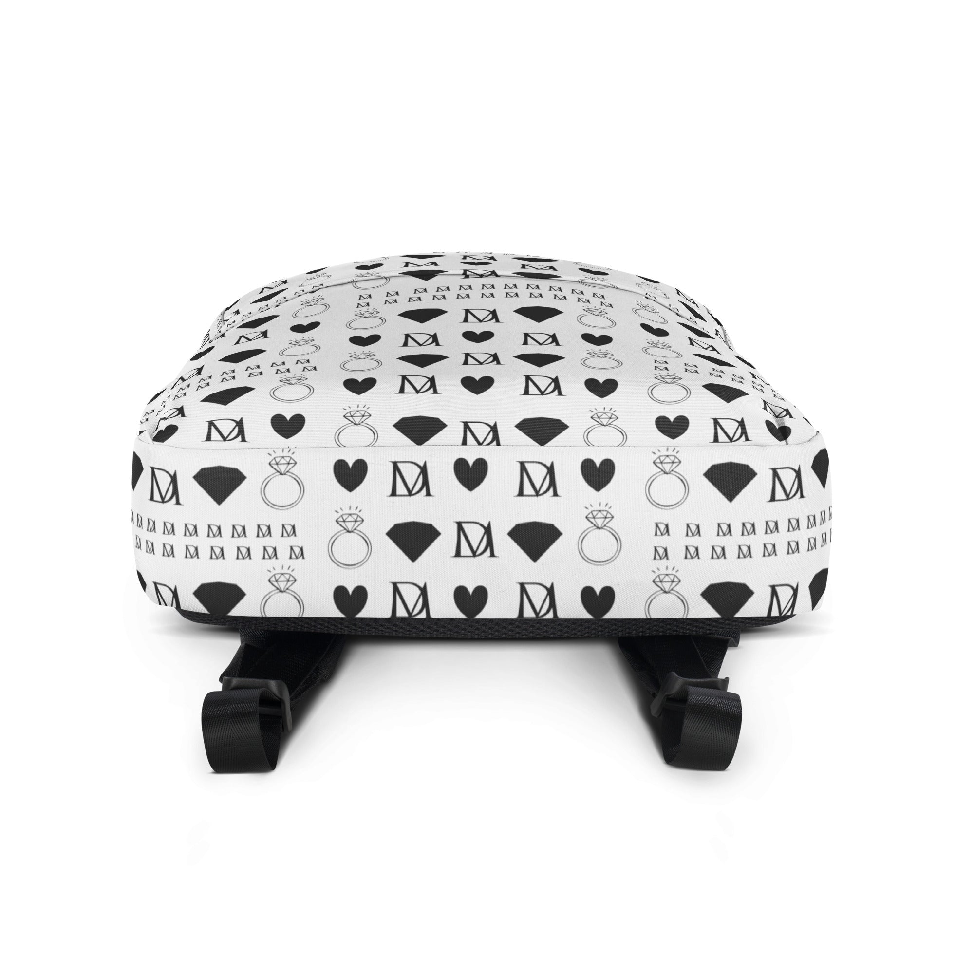 Daemon Luxury Dim Diamonds Artica Blizzard backpack with all-over white and black diamond print, stylish and spacious for daily use.