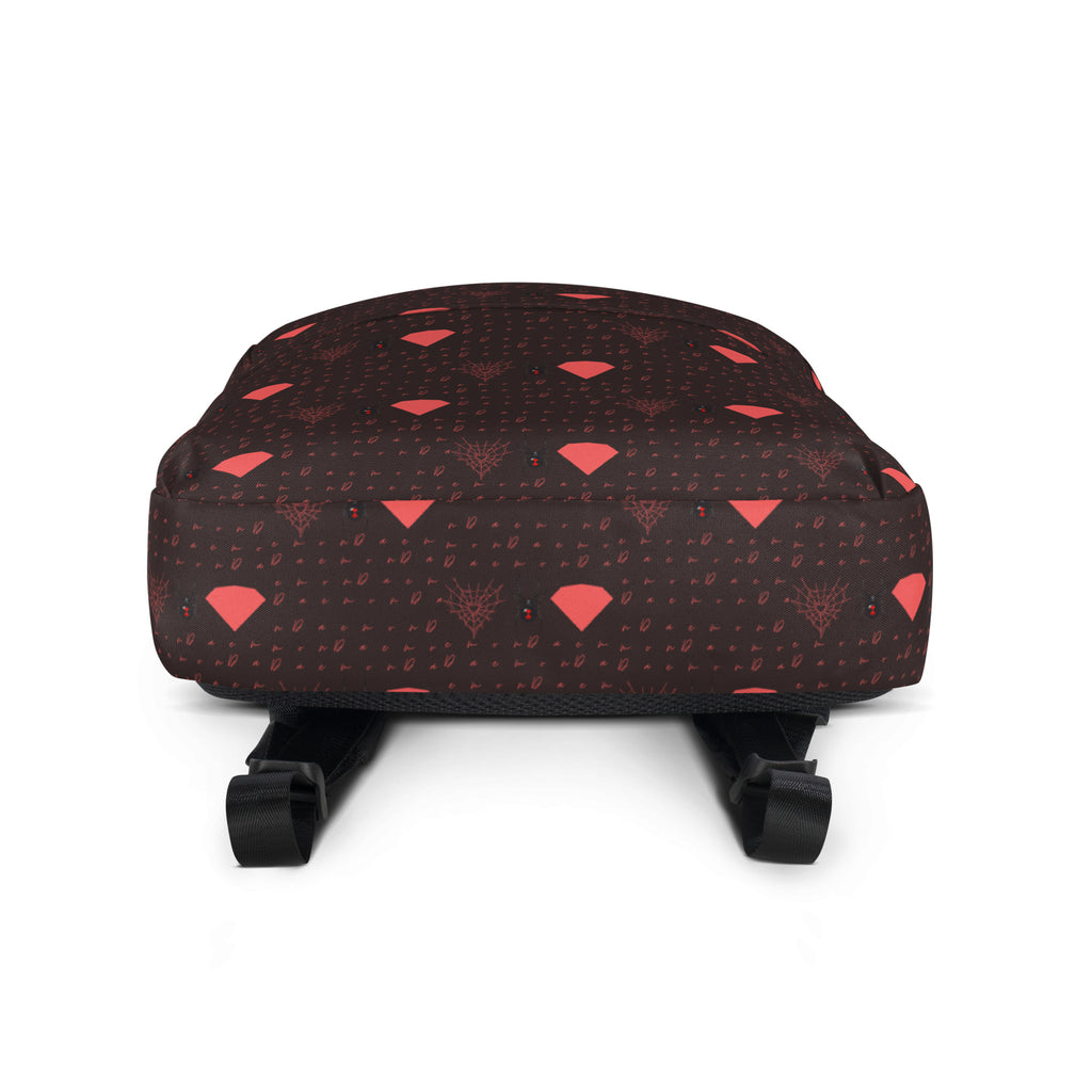 Daemon Luxury Supreme Models WEBBI DAIMIN all-over-print backpack with white bottom, featuring bold, artistic design and spacious storage.
