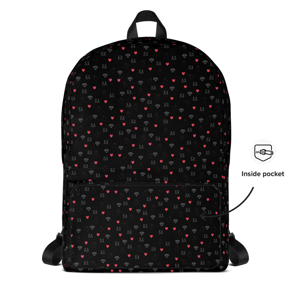 Daemon Luxury Speckled Diamonds NEMESIS backpack with all-over white print, showcasing stylish design and durable material.