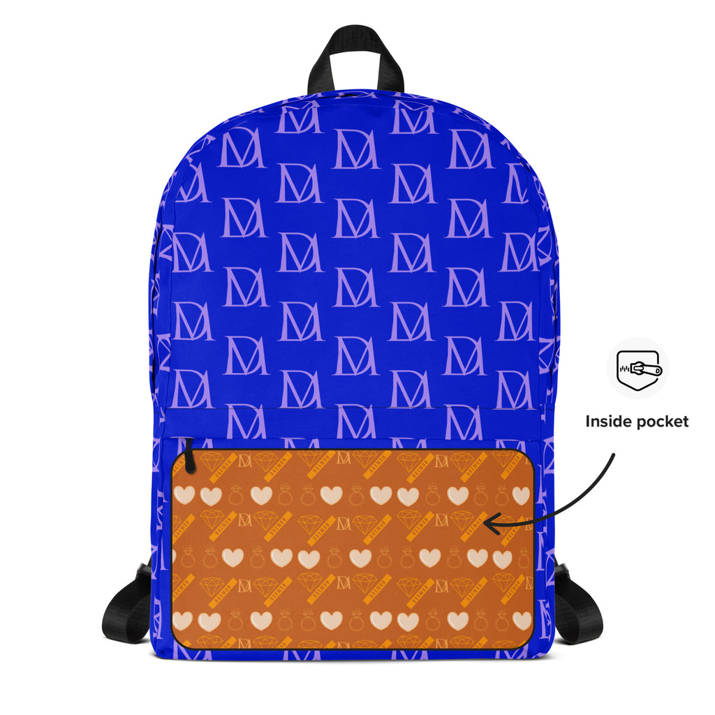 Daemon Luxury Electrica Lilac Relay all-over print backpack with white background, front view showing vibrant purple and white design.