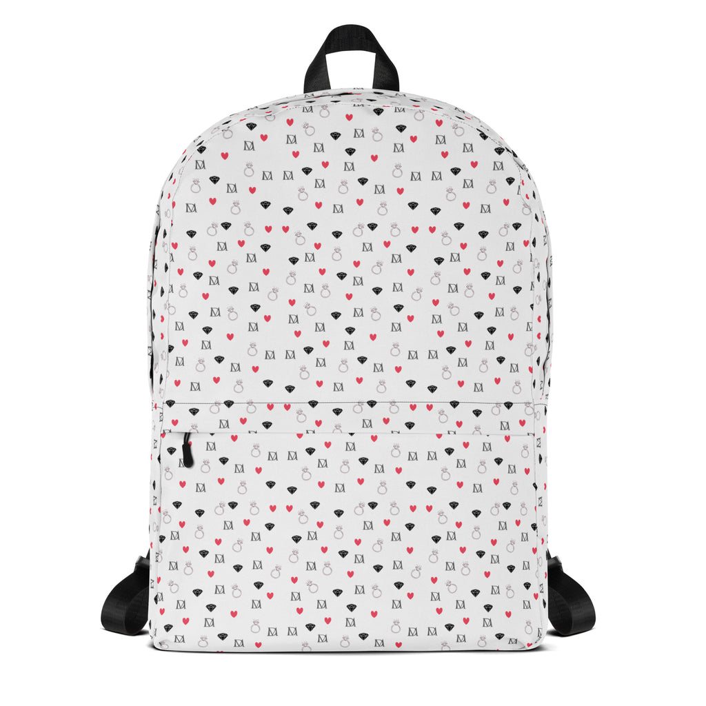 Daemon Luxury speckled diamonds Artica Blizzard backpack with all-over white print and black zipper accents.