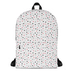 Daemon Luxury speckled diamonds Artica Blizzard backpack with all-over white print and black zipper accents.