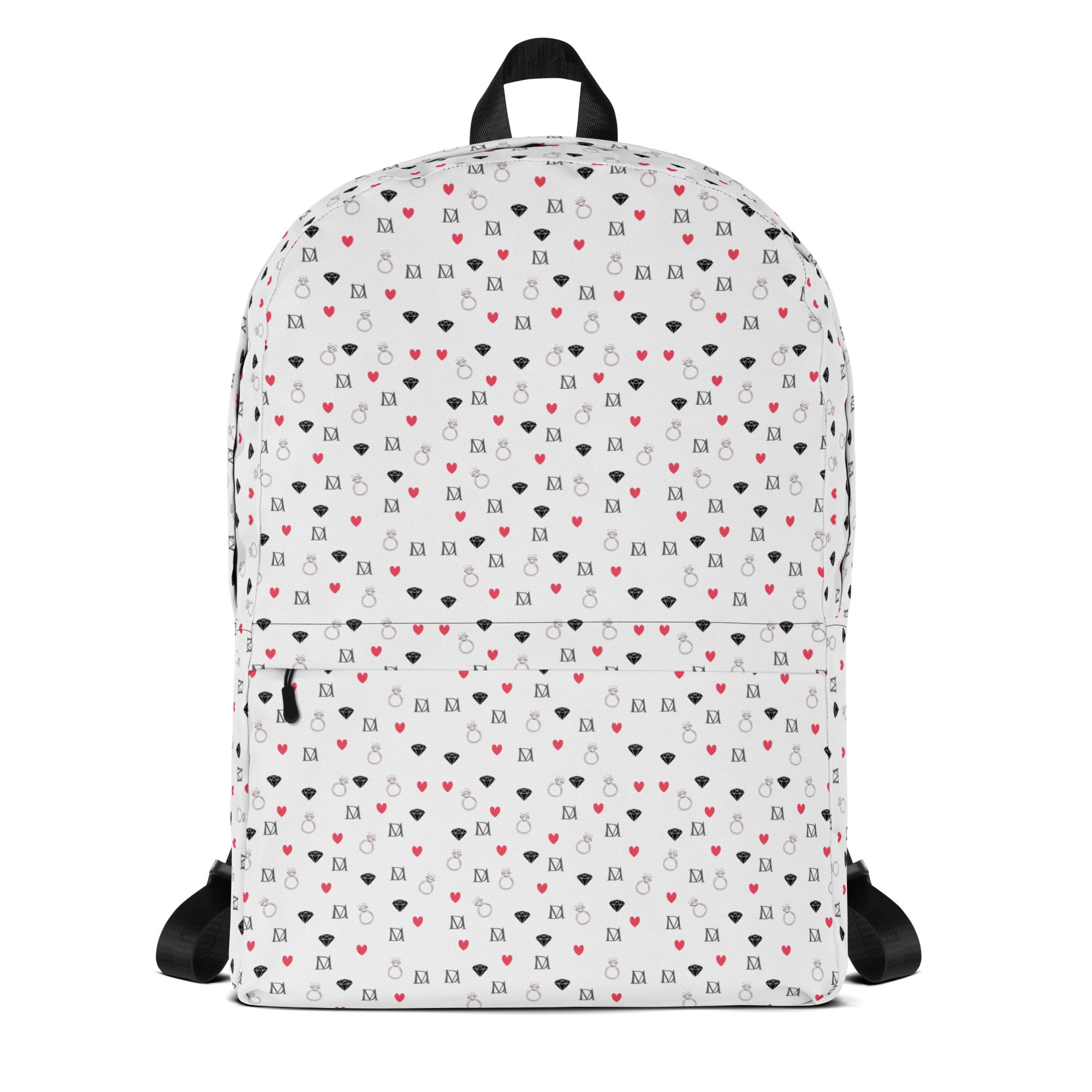 Daemon Luxury speckled diamonds Artica Blizzard backpack with all-over white print and black zipper accents.