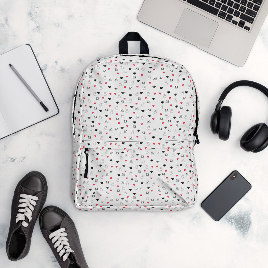 Daemon Luxury Speckled Diamonds Artica Blizzard backpack with white all-over print, featuring a stylish and modern design.