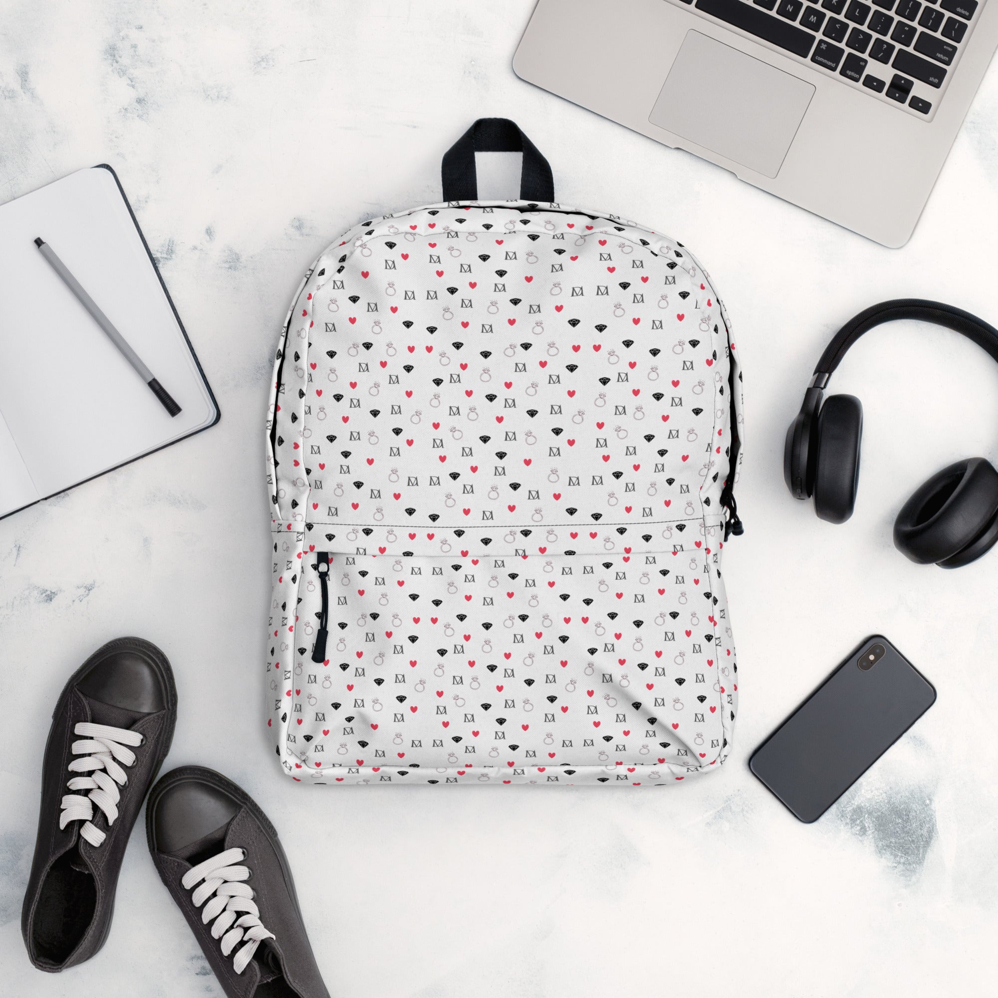 Daemon Luxury Speckled Diamonds Artica Blizzard backpack with white all-over print, featuring a stylish and modern design.