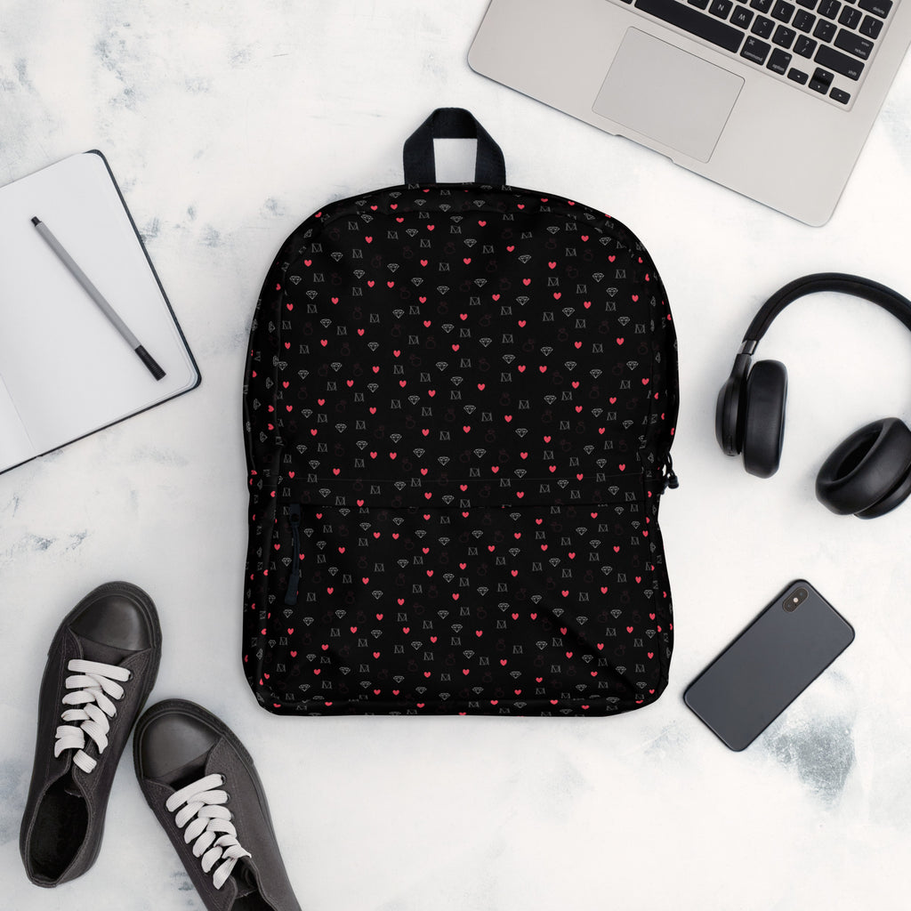 Daemon Luxury Speckled Diamonds NEMESIS backpack with all-over white print, featuring a stylish, modern design and adjustable straps.