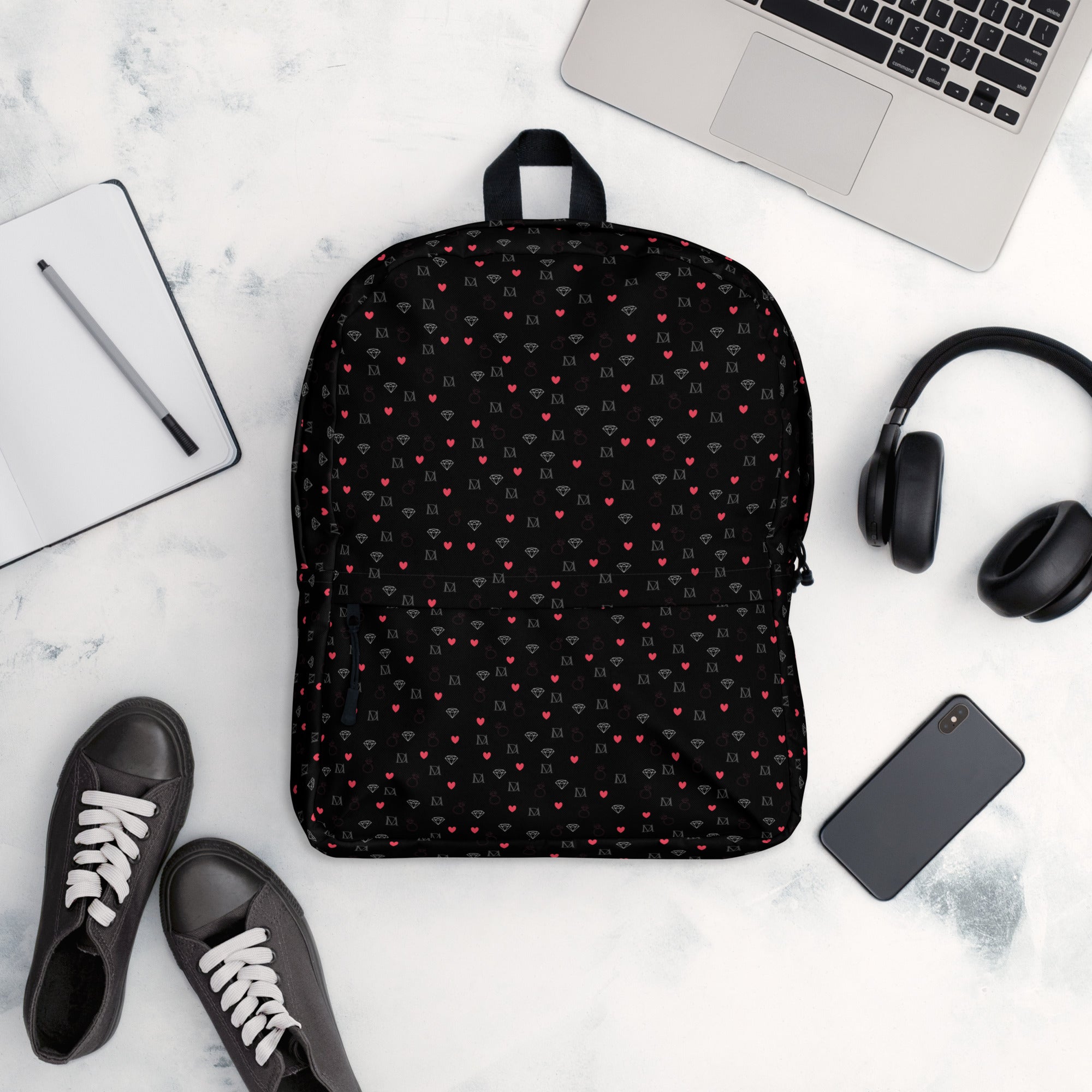 Daemon Luxury Speckled Diamonds NEMESIS backpack with all-over white print, featuring a stylish, modern design and adjustable straps.