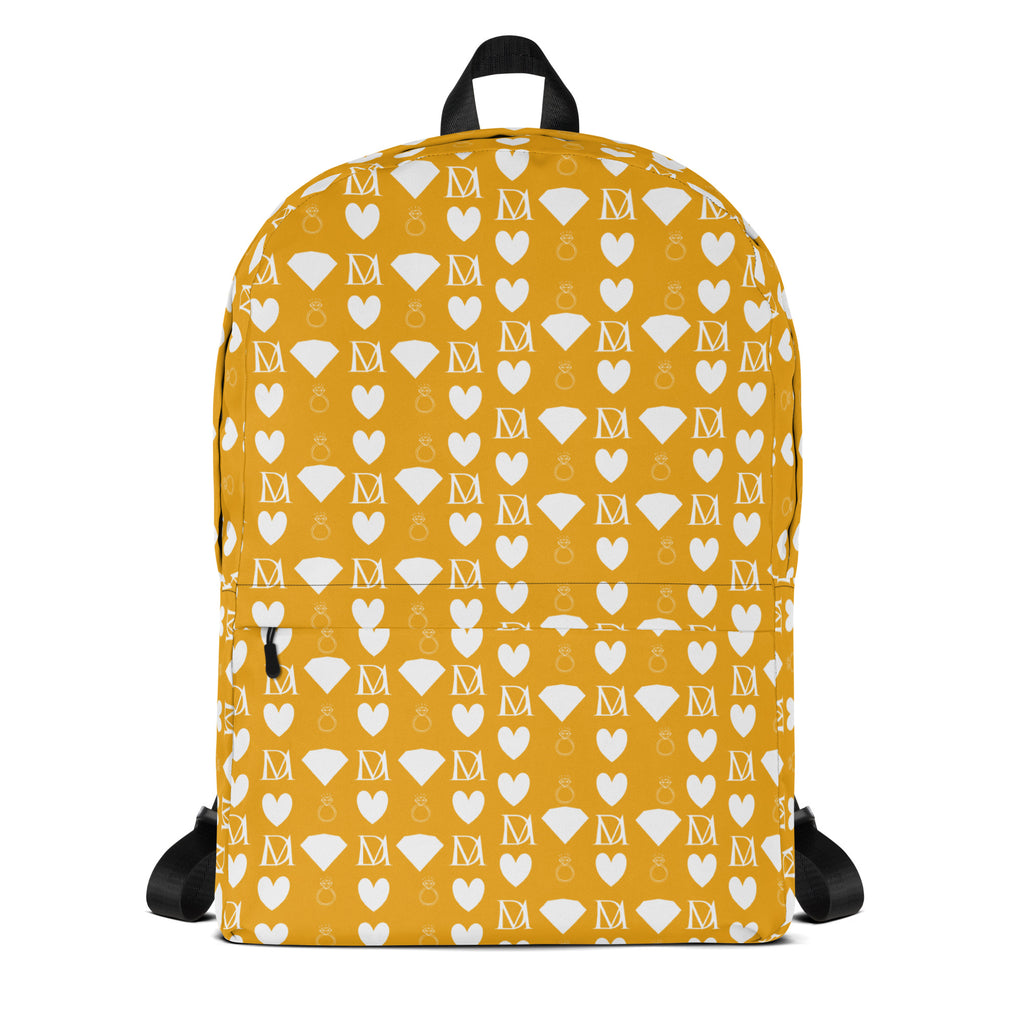 White all-over-print backpack featuring frosted diamond and Tarmin Honeybees design by Daemon Luxury.