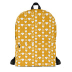 White all-over-print backpack featuring frosted diamond and Tarmin Honeybees design by Daemon Luxury.
