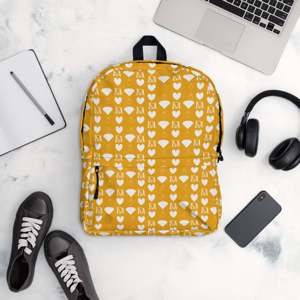 Daemon Luxury Frosted Diamonds Tarmin Honeybees all-over-print backpack featuring white background and intricate diamond pattern.
