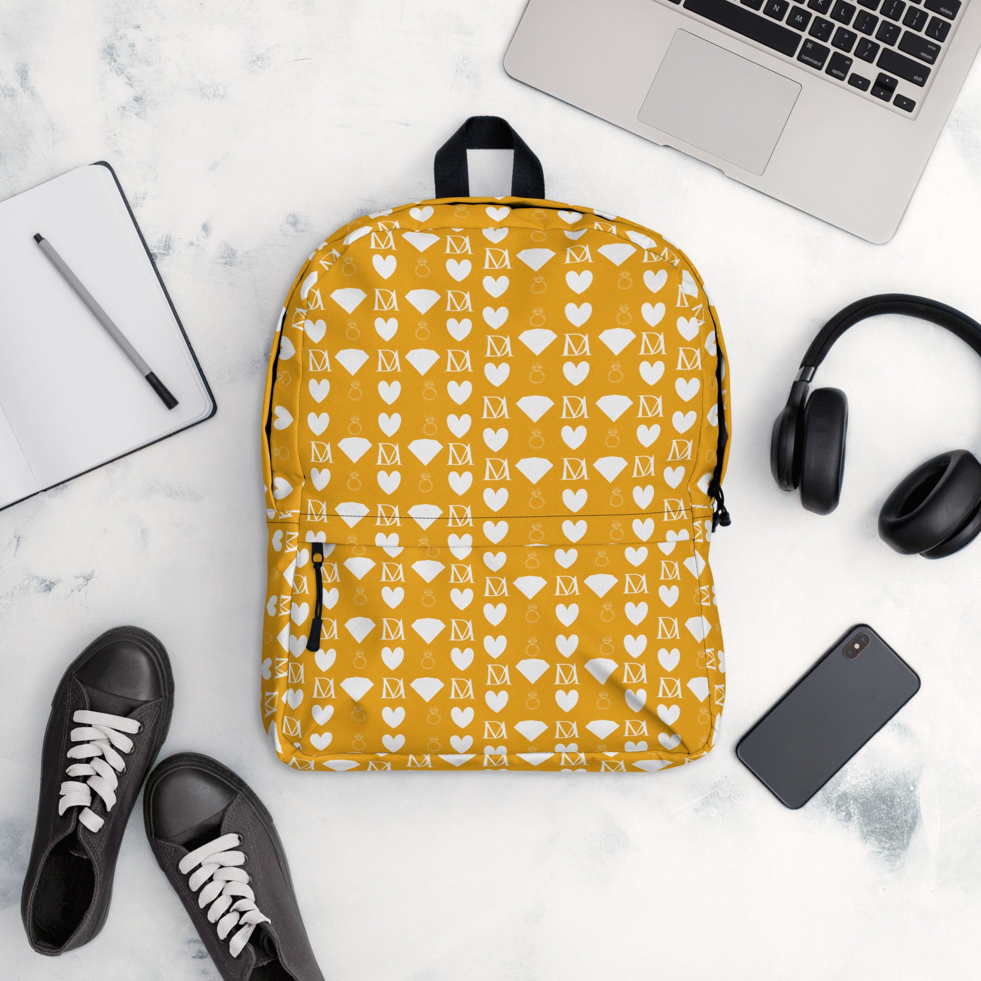 Daemon Luxury Frosted Diamonds Tarmin Honeybees all-over-print backpack featuring white background and intricate diamond pattern.