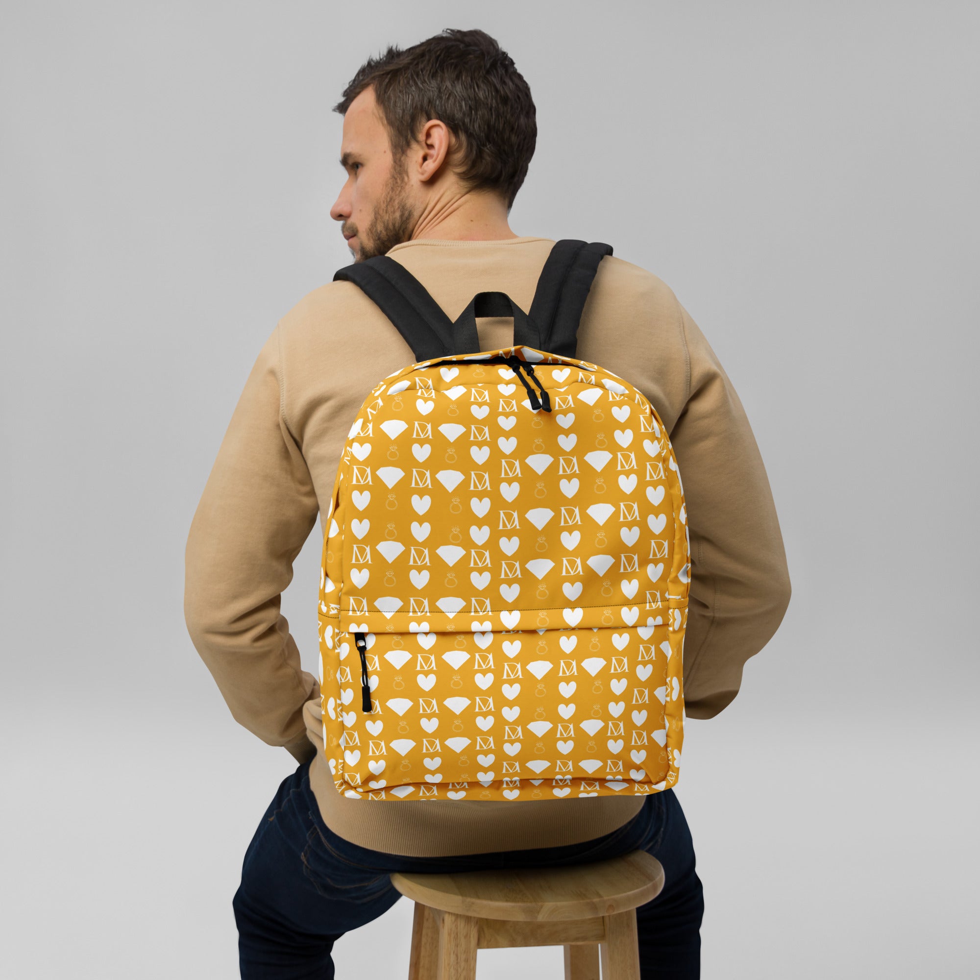 Daemon Luxury Frosted Diamonds Tarmin Honeybees all-over-print backpack in white, featuring intricate diamond and honeybee patterns.
