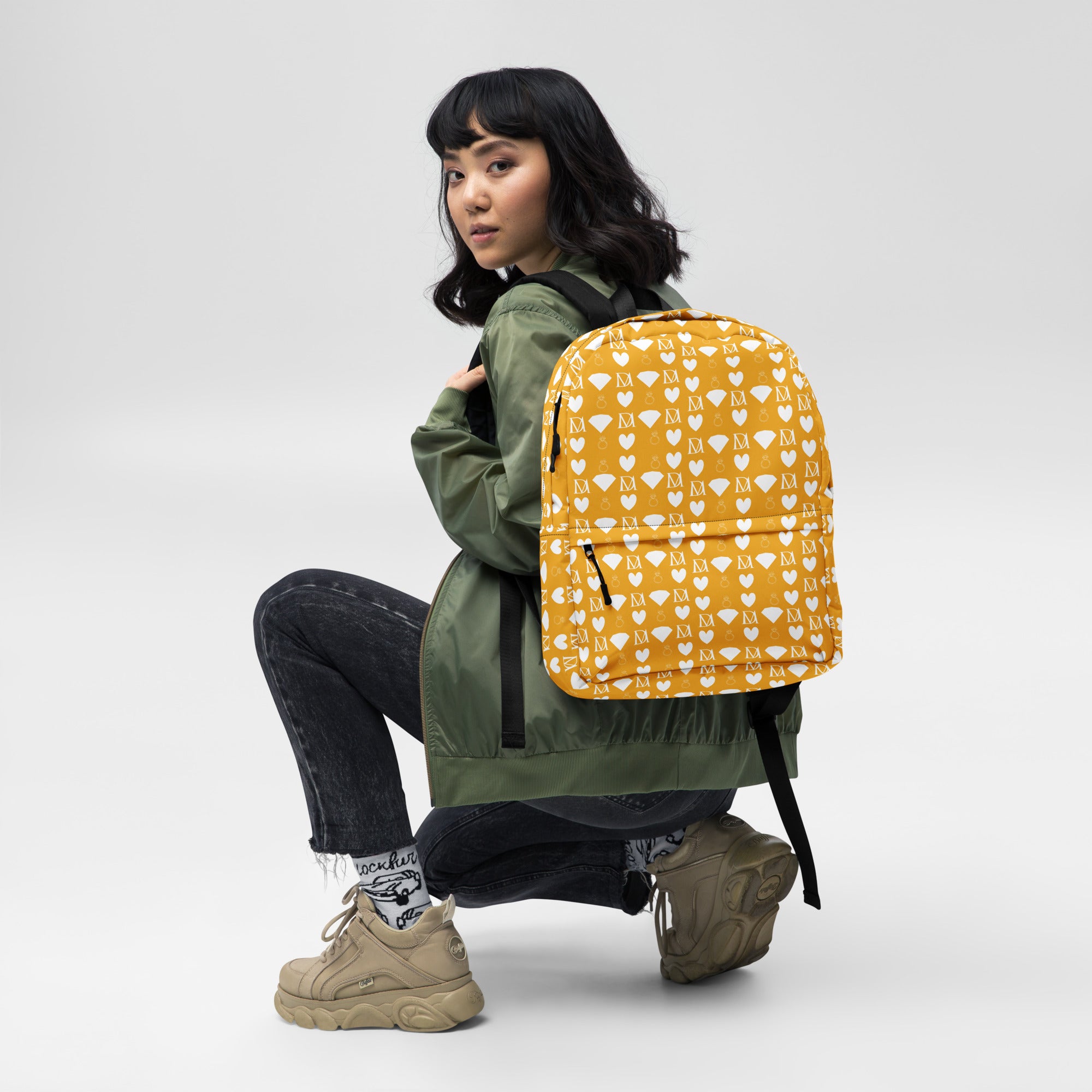 Daemon Luxury Frosted Diamonds Tarmin Honeybees all-over-print backpack with white background and detailed diamond design.