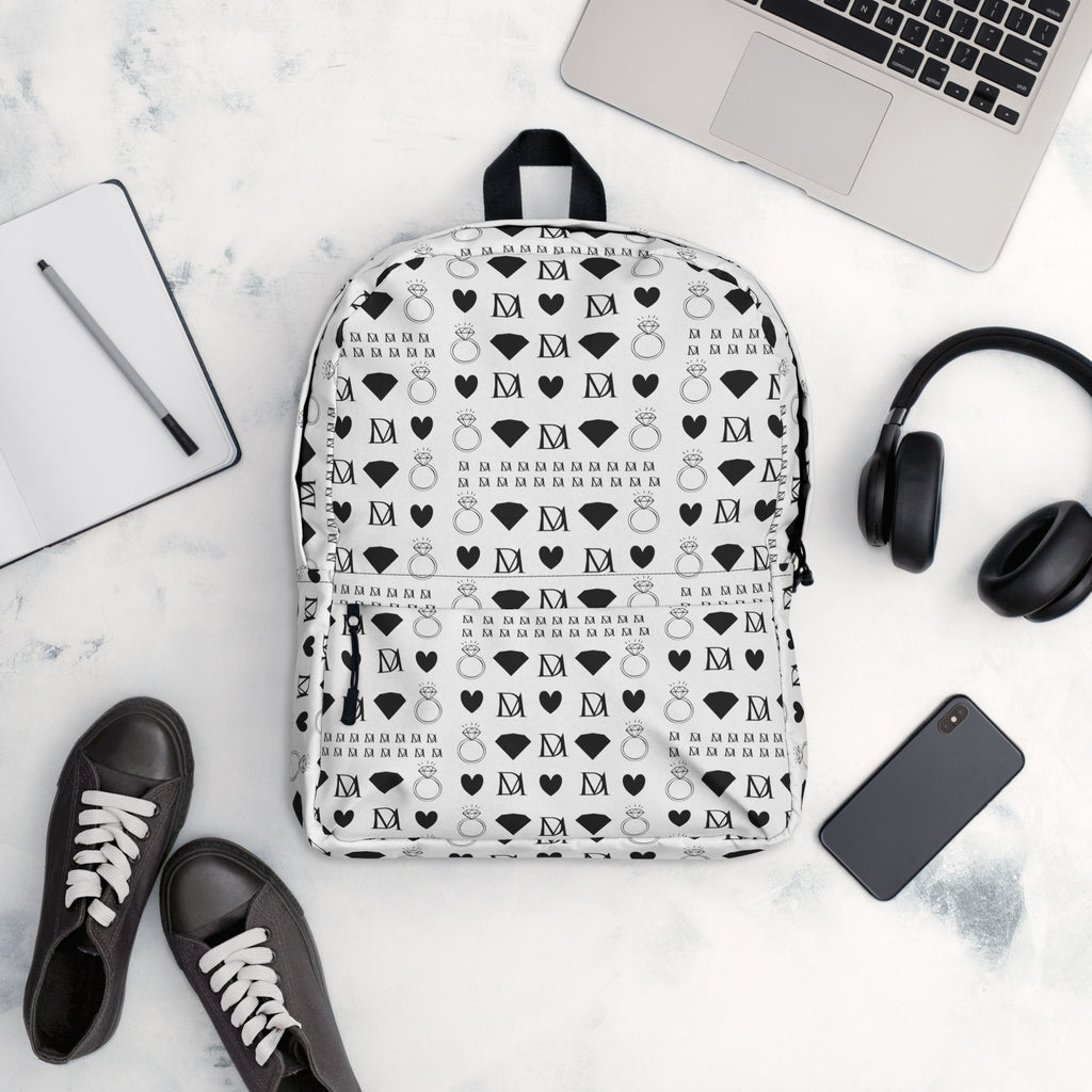 Daemon Luxury Dim Diamonds Artica Blizzard backpack with all-over white print, showcasing stylish and modern design.