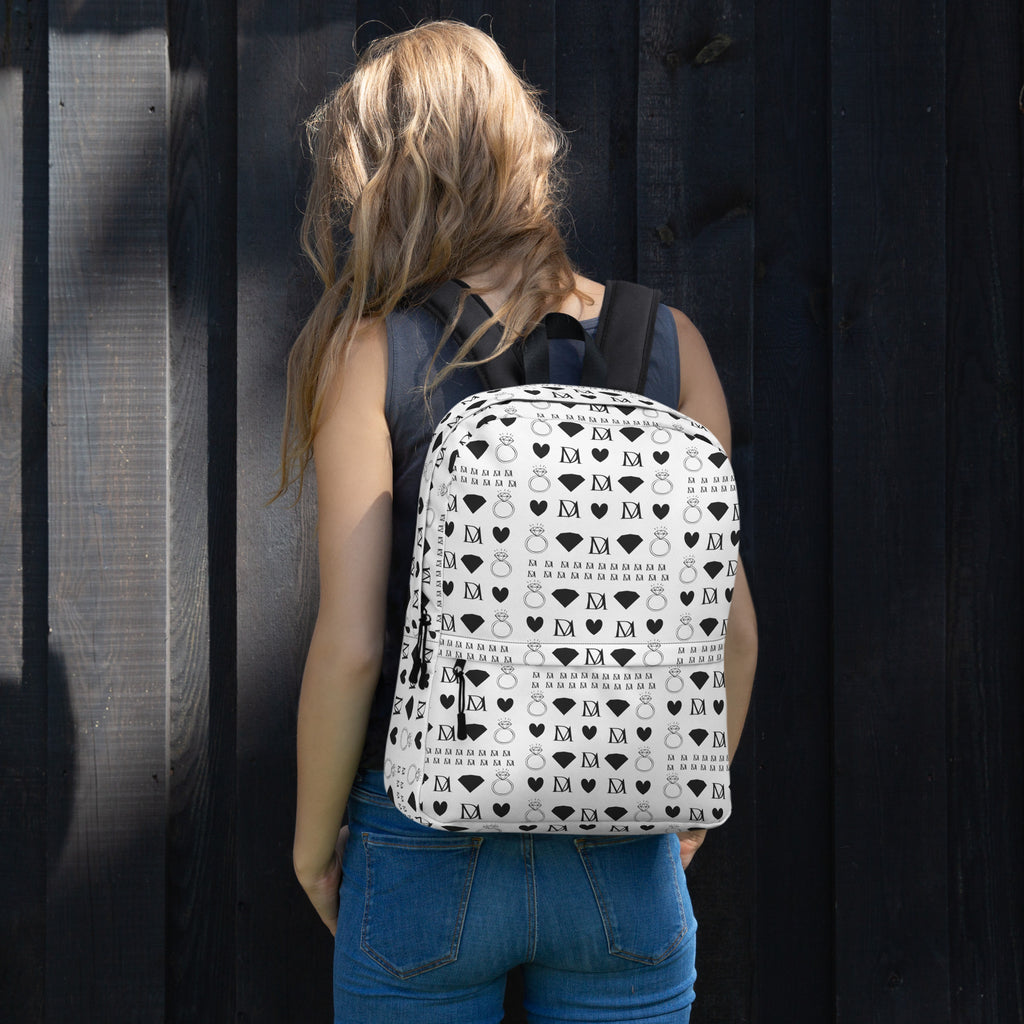Daemon Luxury Dim Diamonds Artica Blizzard backpack with all-over white print, stylish and spacious for everyday use.