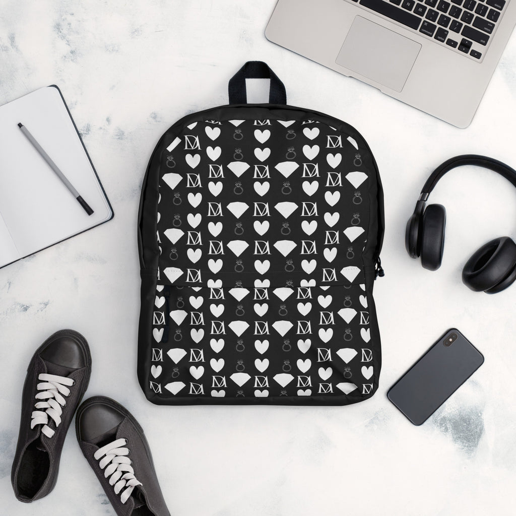White Daemon Luxury Frosted Diamonds backpack with all-over diamond print, featuring a stylish and modern design.