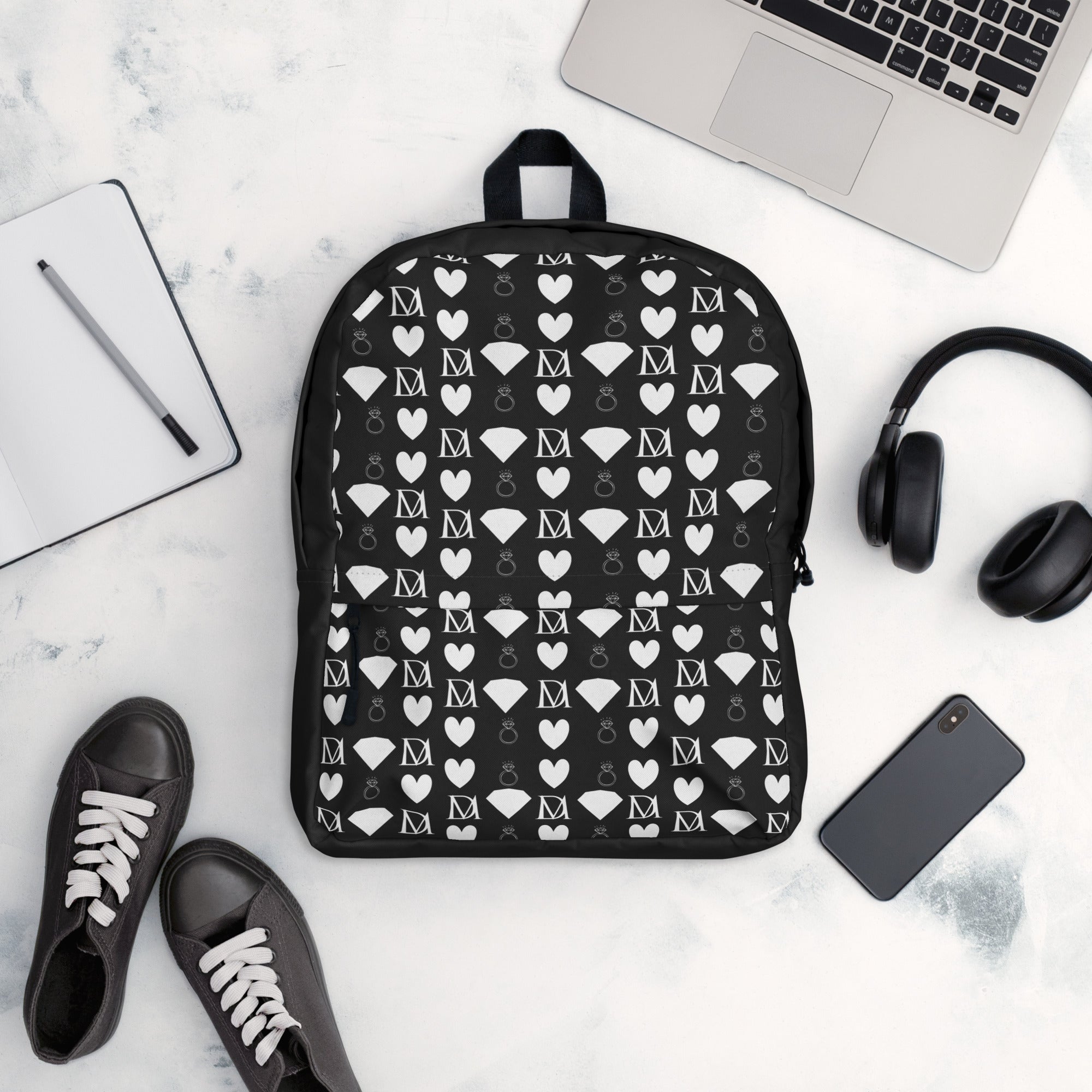 White Daemon Luxury Frosted Diamonds backpack with all-over diamond print, featuring a stylish and modern design.