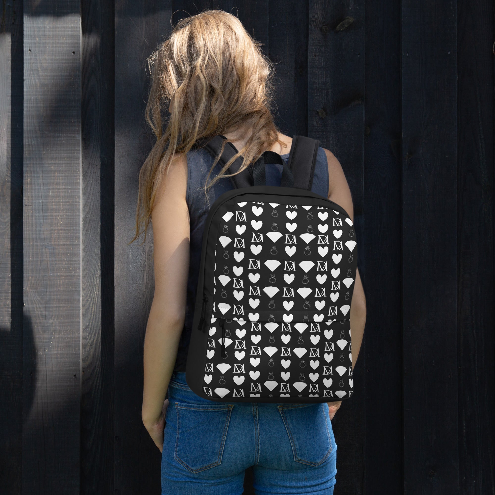 White Daemon Luxury Frosted Diamonds Zaino backpack with all-over diamond print and adjustable straps.