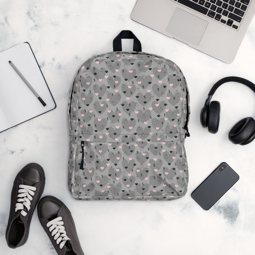 Daemon Luxury Heartfelt STF Zaino backpack with all-over white print, featuring a stylish and spacious design for everyday use.