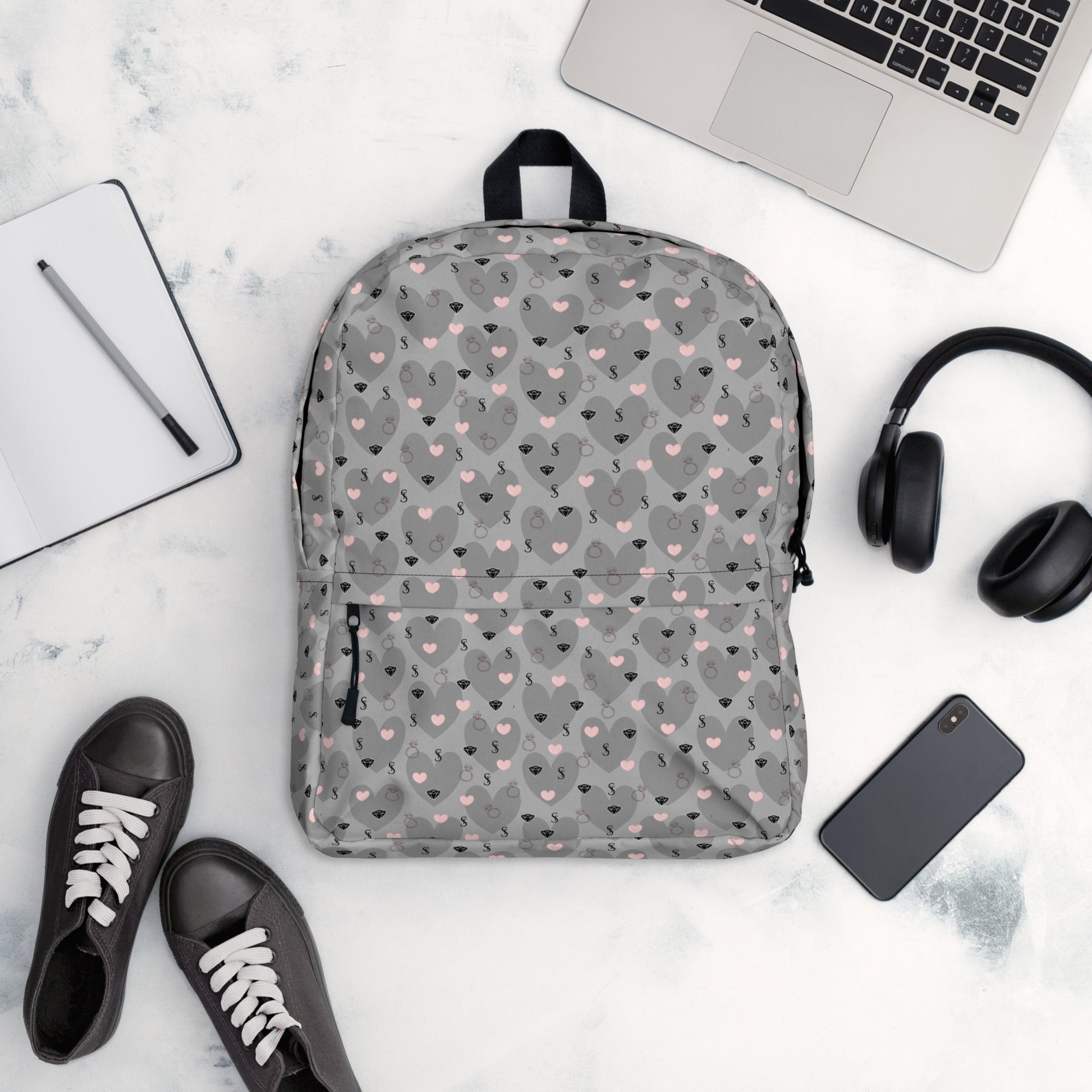 Daemon Luxury Heartfelt STF Zaino backpack with all-over white print, featuring a stylish and spacious design for everyday use.