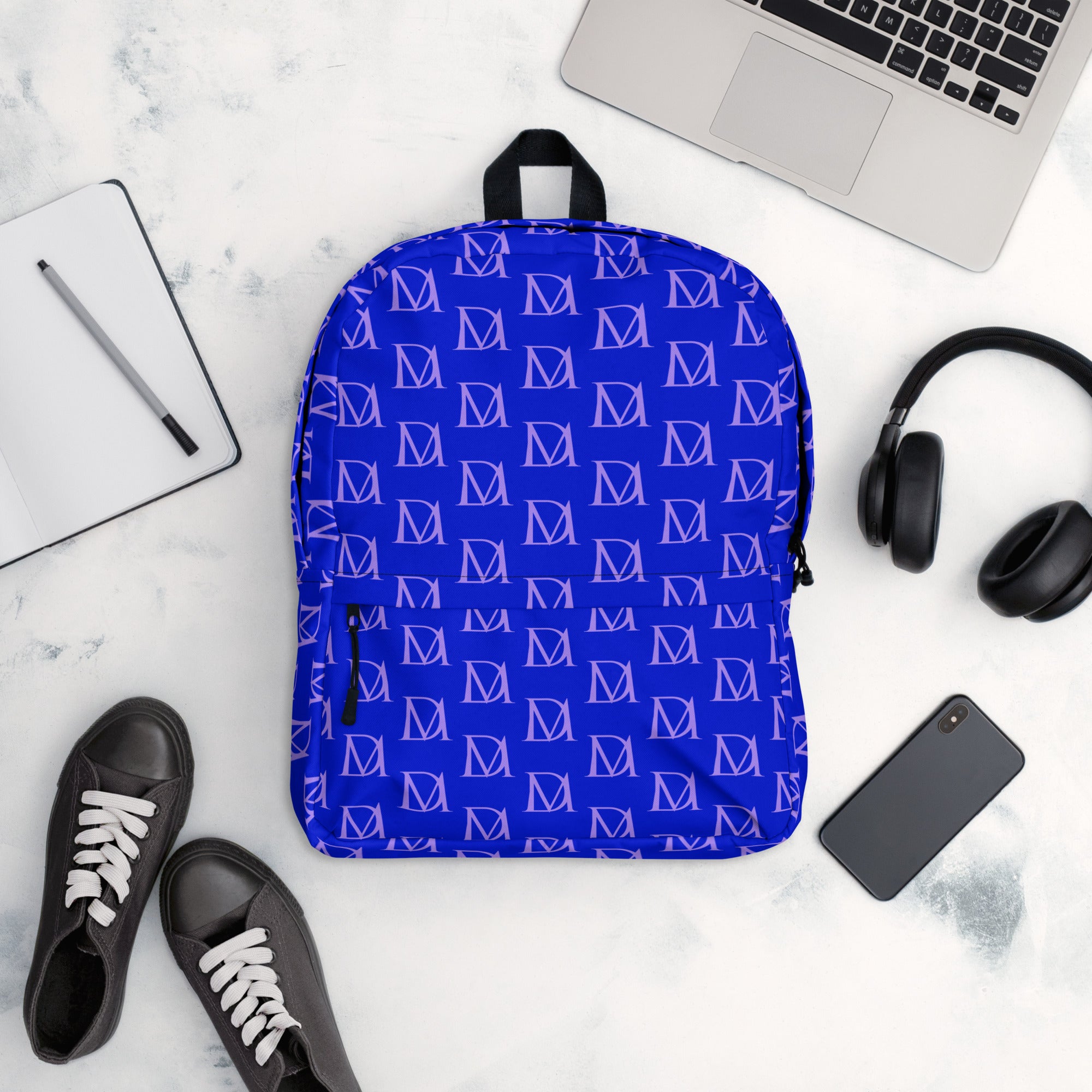 Daemon Luxury ELECTRICA lilac relay all-over print backpack with white background and adjustable straps, front view.