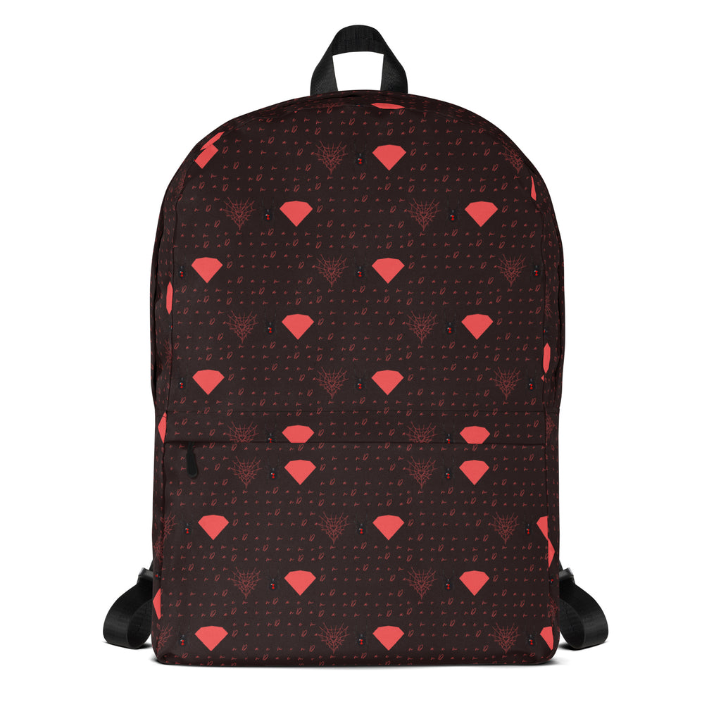 Daemon Luxury Supreme Models WEBBI DAIMIN backpack with all-over white print, front view showing detailed design and sturdy straps.