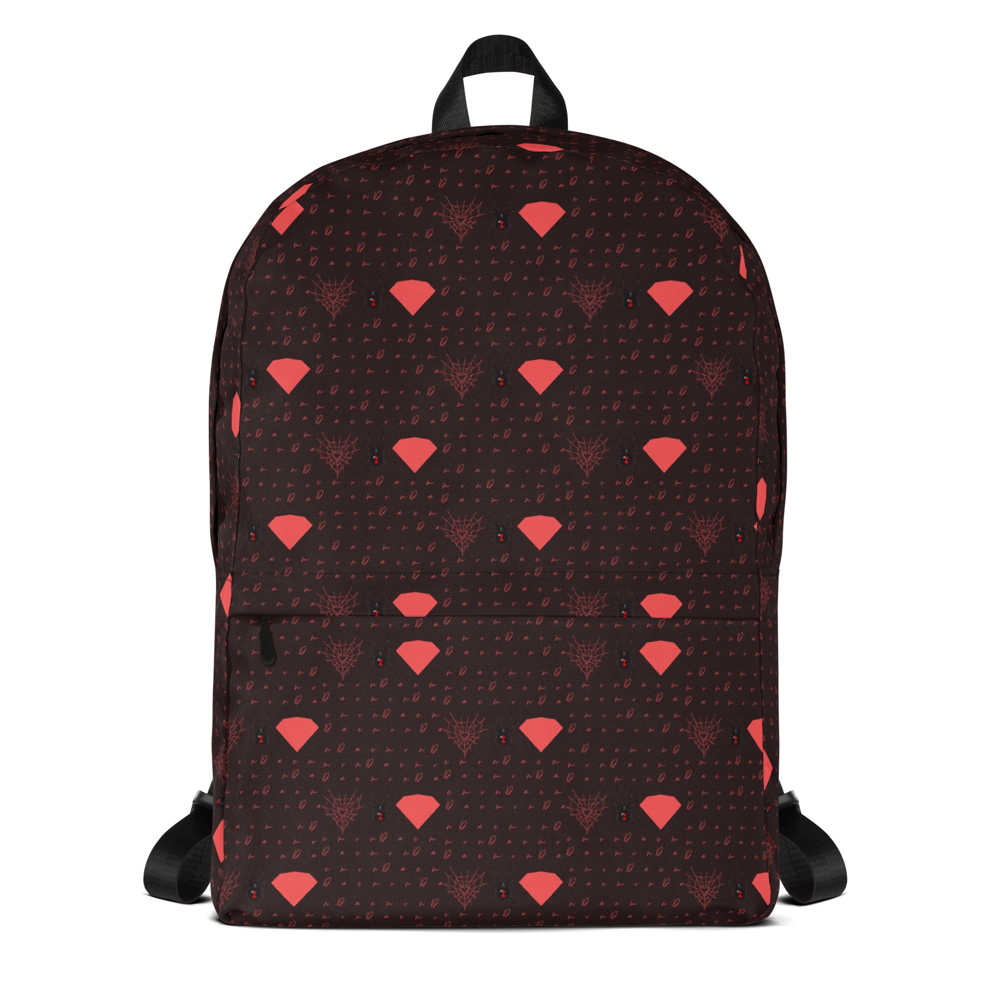 Daemon Luxury Supreme Models WEBBI DAIMIN backpack with all-over white print, front view showing detailed design and sturdy straps.
