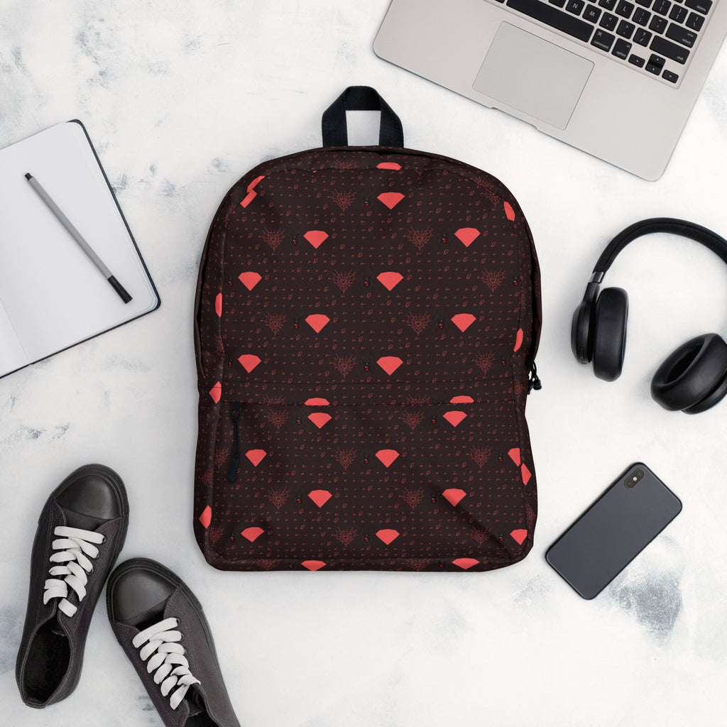 Daemon Luxury Supreme Models WEBBI DAIMIN all-over-print backpack in white, featuring bold design on the front.