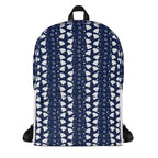 White all-over print backpack featuring Rings of Transition frosted diamond design by Daemon Luxury, front view with zipper closure.