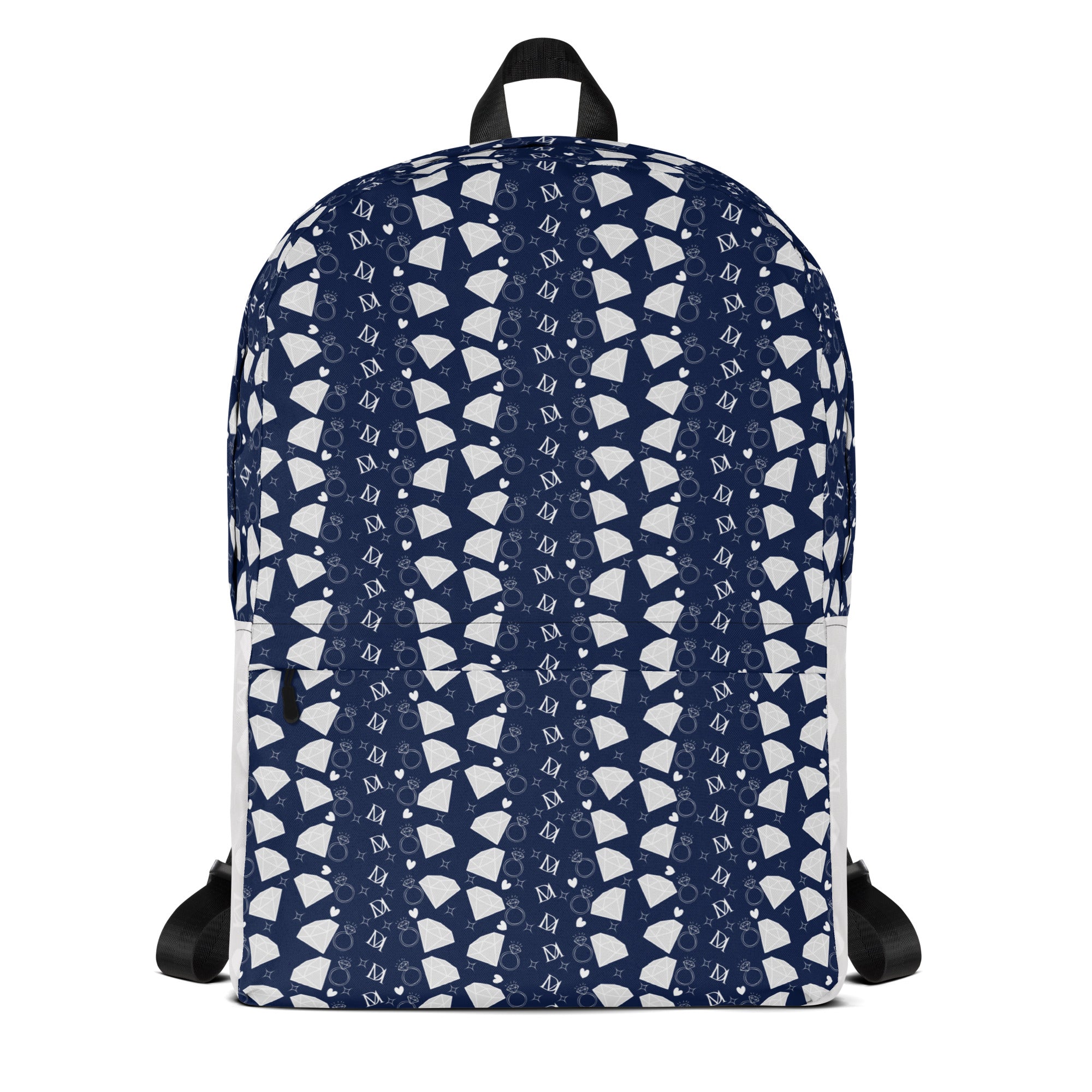 White all-over print backpack featuring Rings of Transition frosted diamond design by Daemon Luxury, front view with zipper closure.
