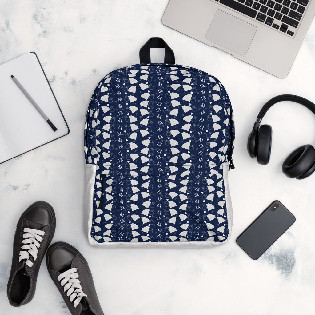 Daemon Luxury Rings of Transition Frosted Diamonds backpack with all-over white print, showcasing a stylish and modern design.
