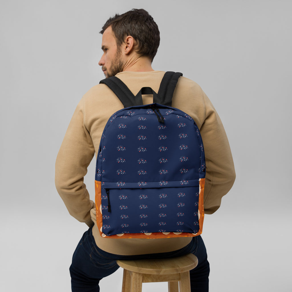 All-over-print white backpack featuring Stars of Sesta (Gloomy Runners) design by Daemon Luxury, with adjustable straps and front pocket.
