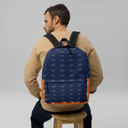 All-over-print white backpack featuring Stars of Sesta (Gloomy Runners) design by Daemon Luxury, with adjustable straps and front pocket.