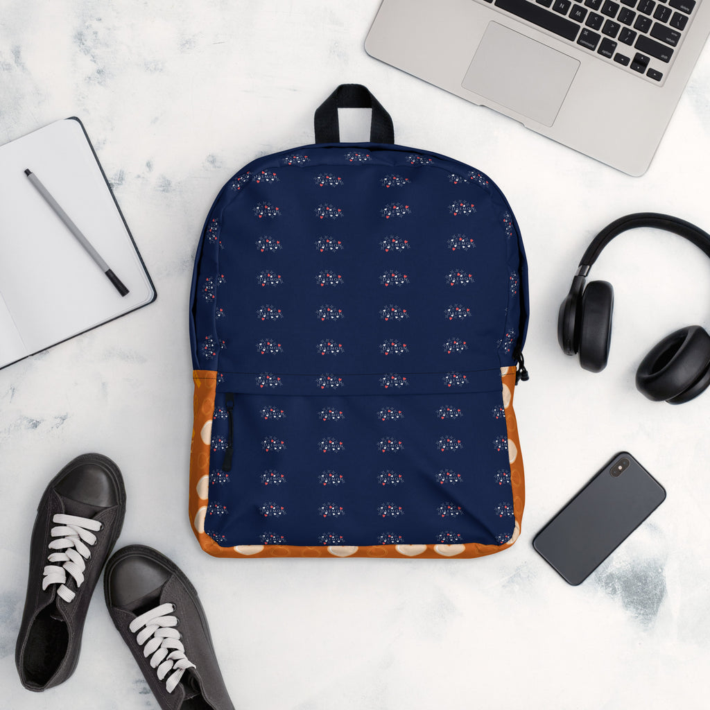 White Stars of Sesta Gloomy Runners all-over-print backpack by Daemon Luxury, featuring star patterns on a spacious, stylish design.