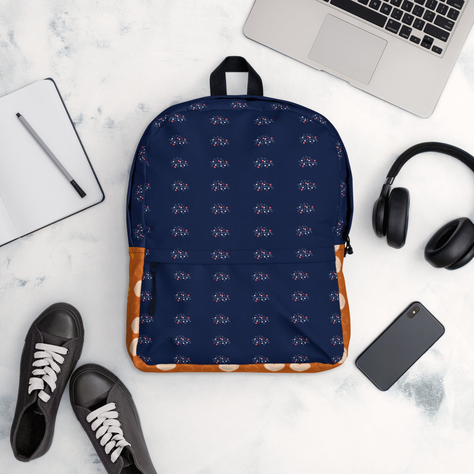 White Stars of Sesta Gloomy Runners all-over-print backpack by Daemon Luxury, featuring star patterns on a spacious, stylish design.