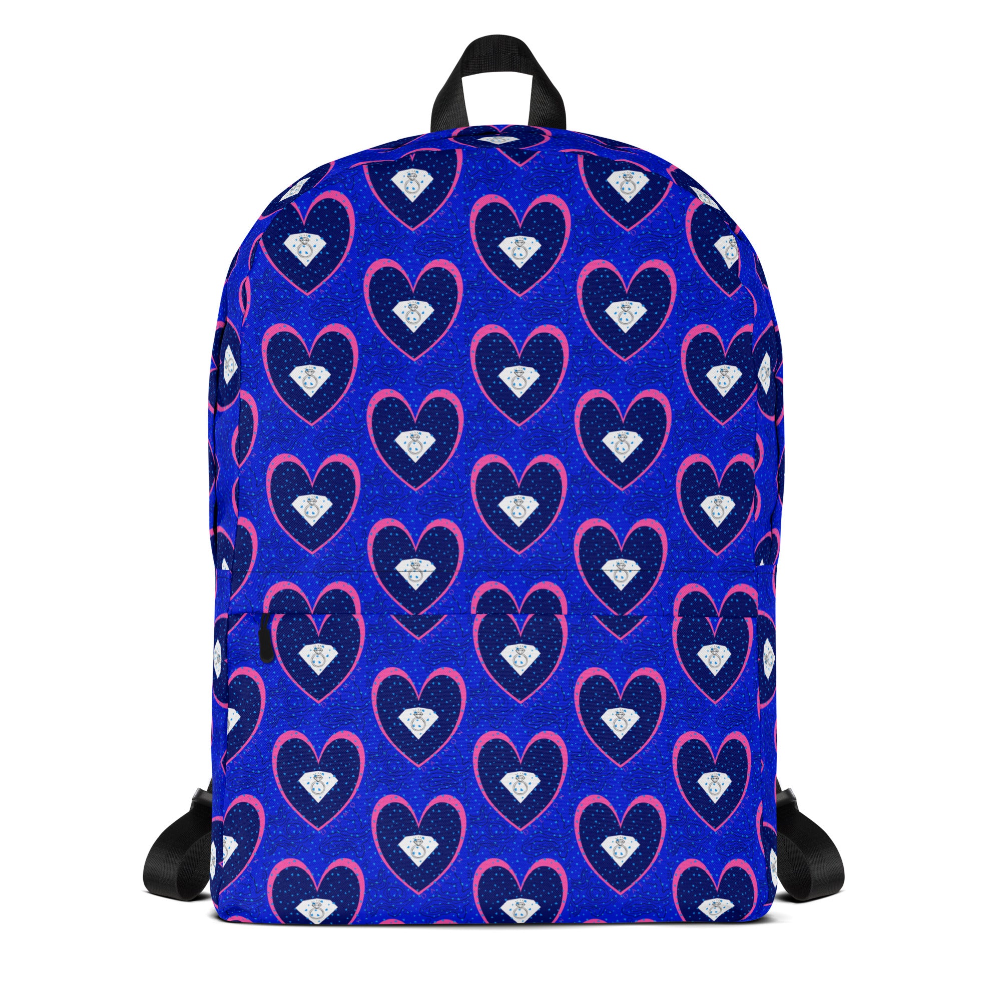 Daemon Luxury ELECTRICA Foreigners Gem all-over-print backpack in white, showing front view with vibrant design and adjustable straps.