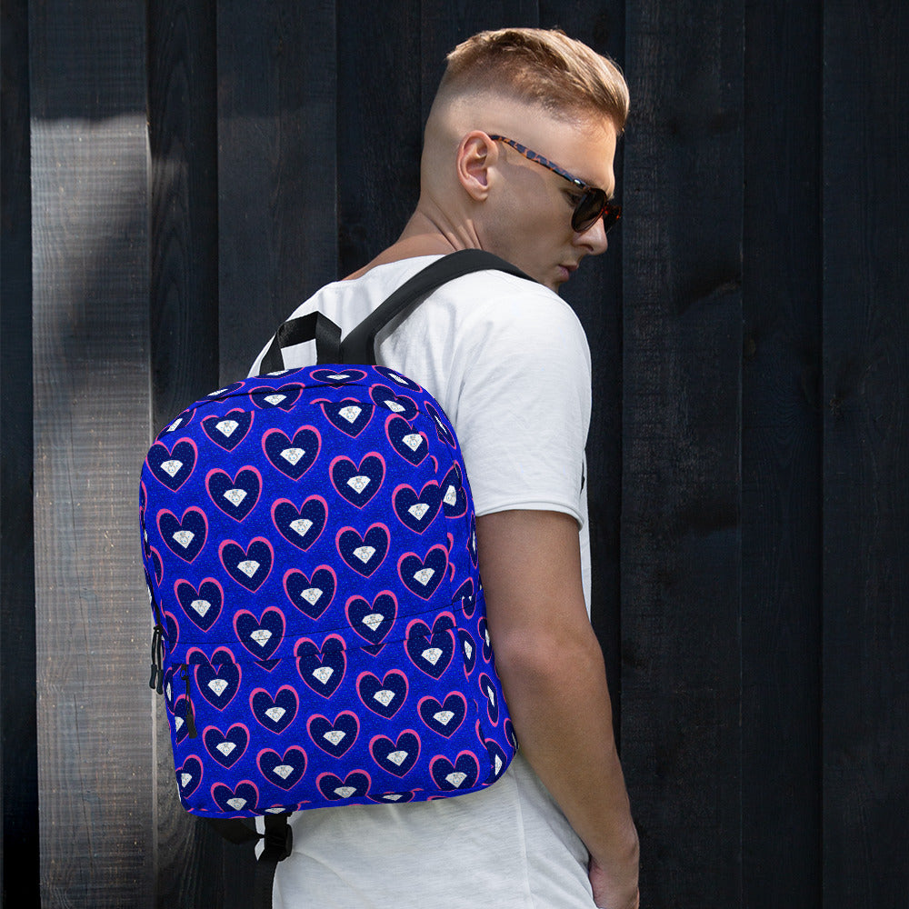 Daemon Luxury ELECTRICA all-over-print backpack featuring a white design, showcasing a stylish and spacious travel bag.