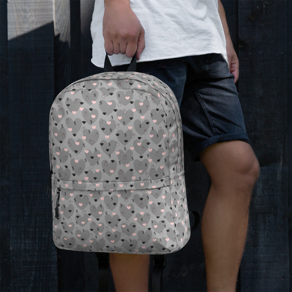 Heartfelt STF all-over-print backpack by Daemon Luxury featuring a white design and adjustable straps.