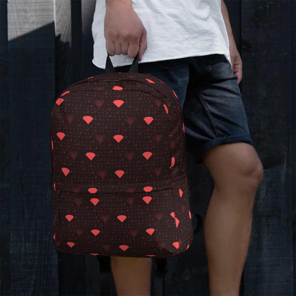 Daemon Luxury Supreme Models WEBBI DAIMIN all-over-print backpack in white, featuring bold graphic design and adjustable straps