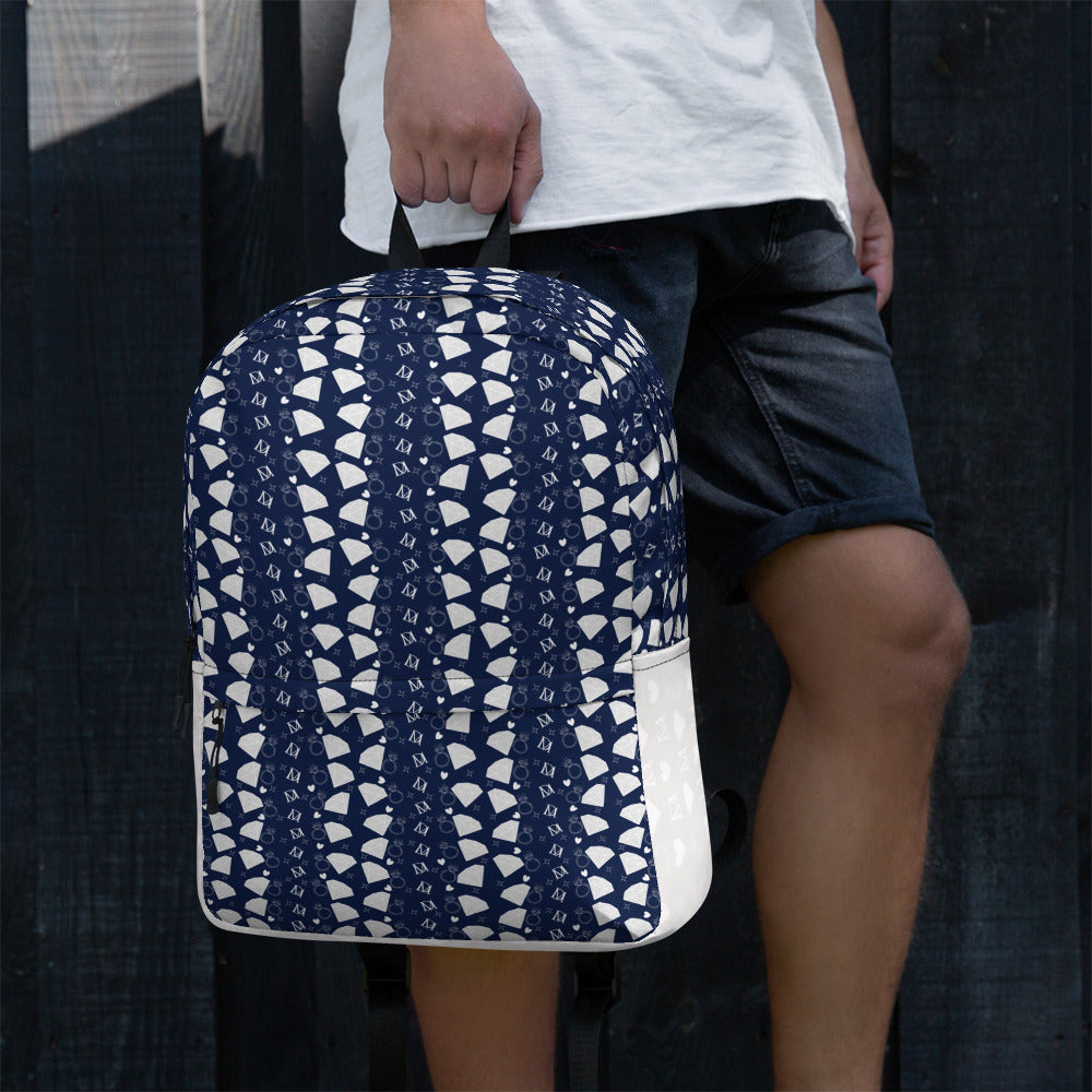 White backpack featuring all-over print of Rings of Transition (Frosted Diamonds) design by Daemon Luxury, casual and stylish accessory.