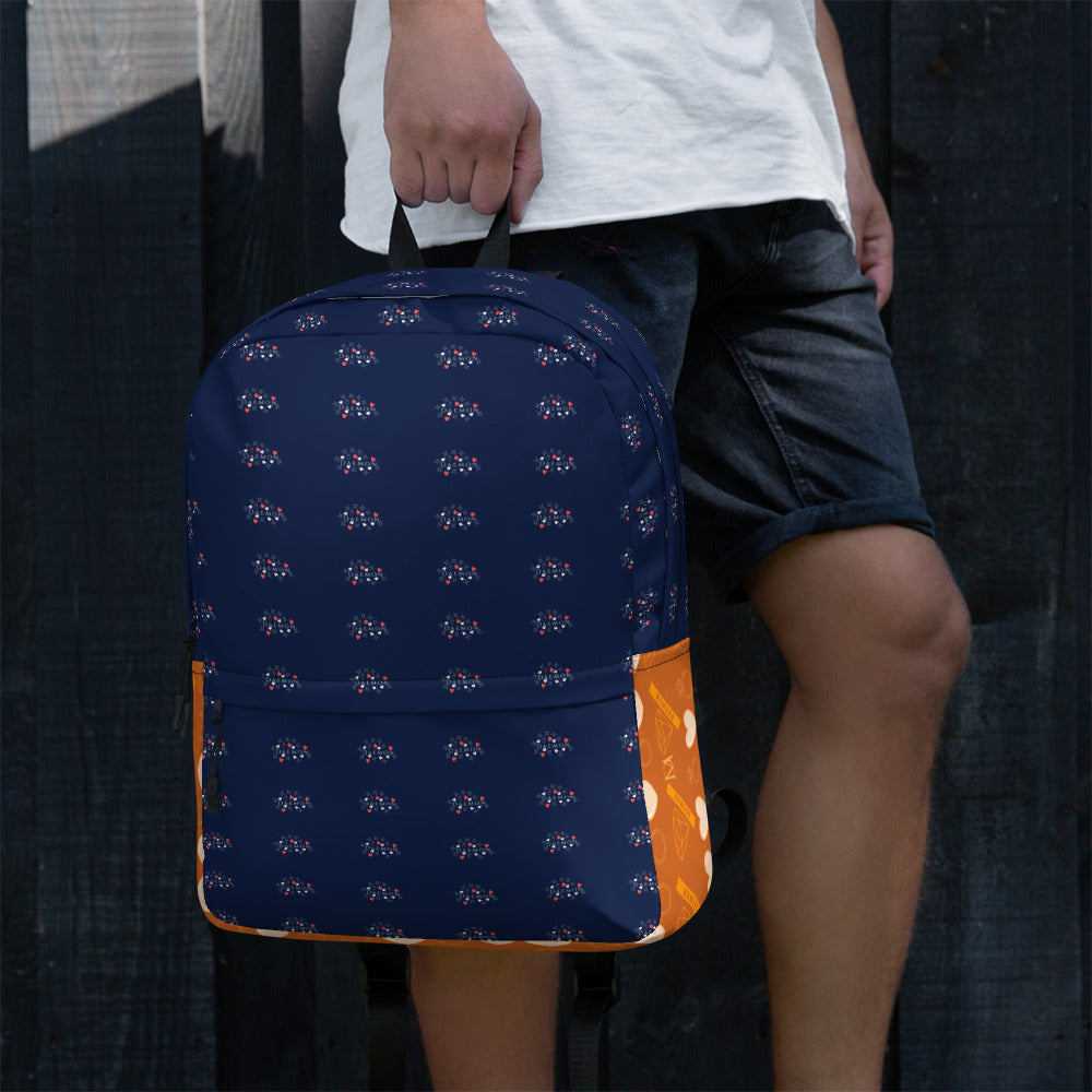 Stars of Sesta Gloomy Runners all-over-print backpack by Daemon Luxury, featuring a white background with starry graphic design.