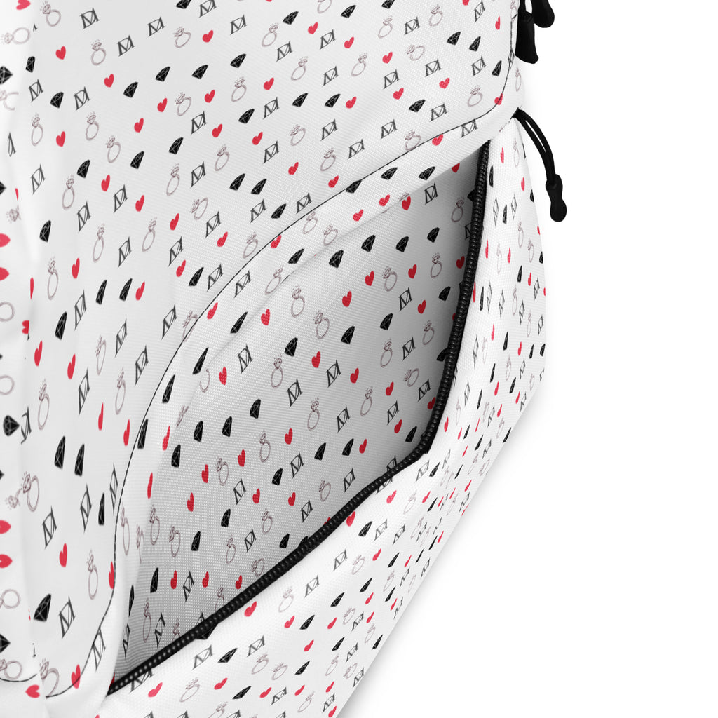White Daemon Luxury Speckled Diamonds Artica Blizzard backpack with all-over print and black zipper details.