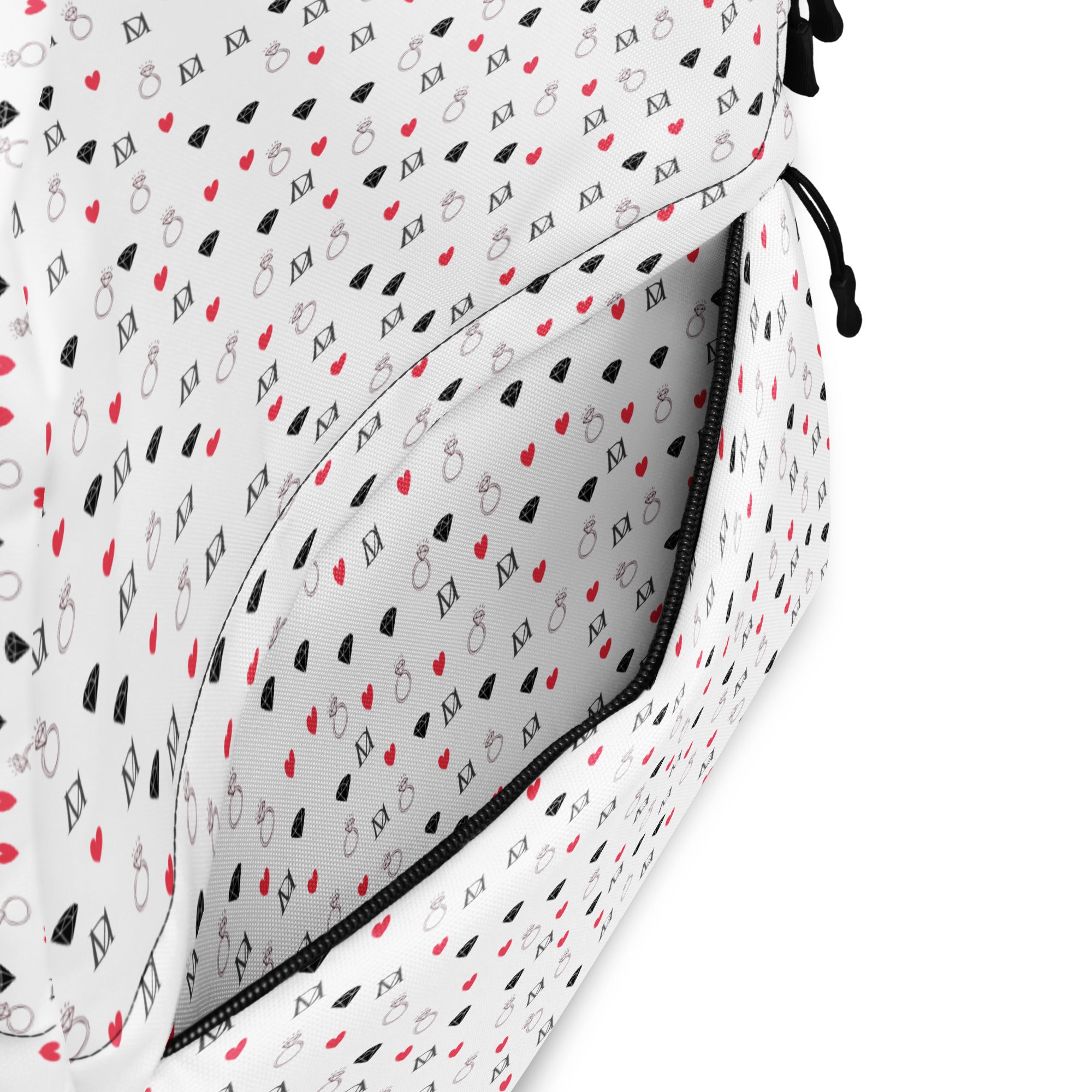 White Daemon Luxury Speckled Diamonds Artica Blizzard backpack with all-over print and black zipper details.