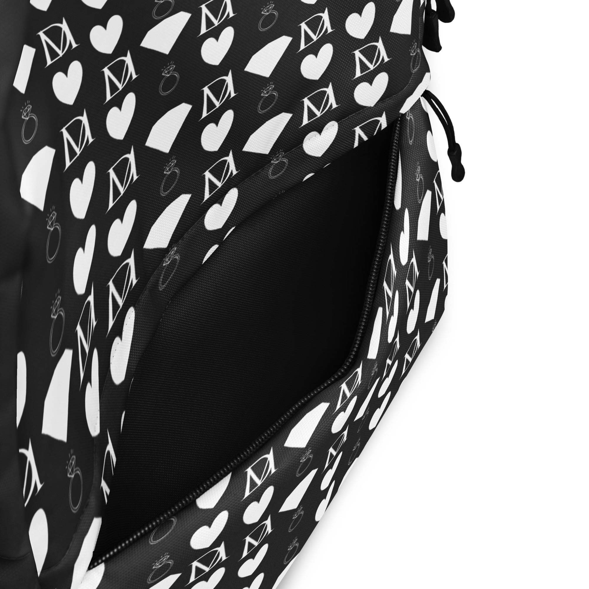 White Daemon Luxury Frosted Diamonds backpack with all-over print design, showcasing stylish and modern accessory for everyday use.